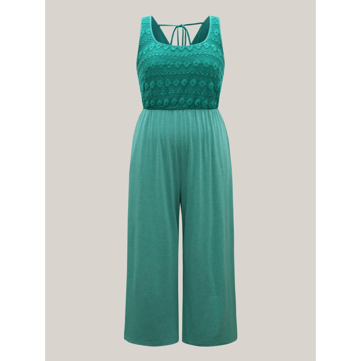 Plus Size Emerald Textured Bodice Spliced Pockets Jumpsuit Women Sleeveless Square Neck Casual Loose Jumpsuits BloomChic 10/M Product Image