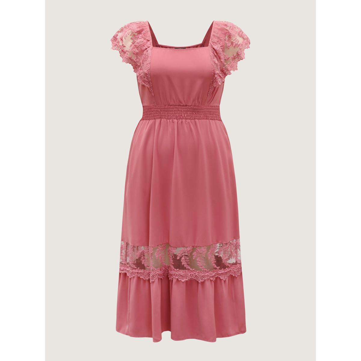 Plus Size Lace Trim Shirred Waist Midi Dress Beanpastepowder Women Square Neck Sleeveless Curvy BloomChic 30/6X Product Image