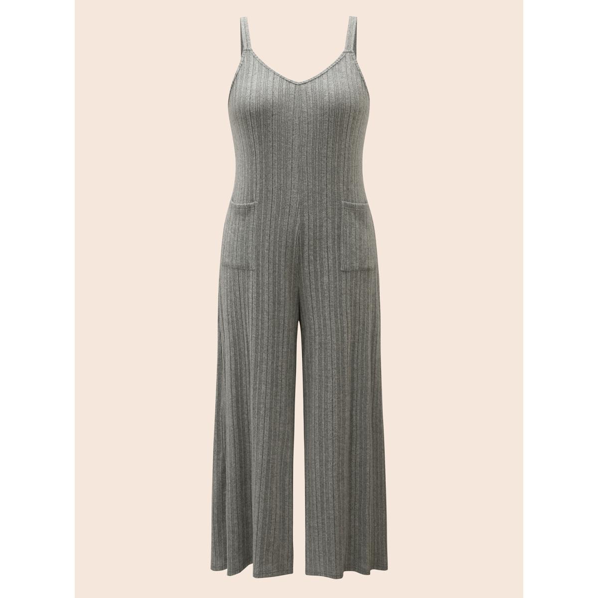Plus Size LightGray Airy Cozy Cami Wide-Leg Jumpsuit Women Casual Sleeveless V-neck Everyday Loose Jumpsuits BloomChic 30/6X Product Image