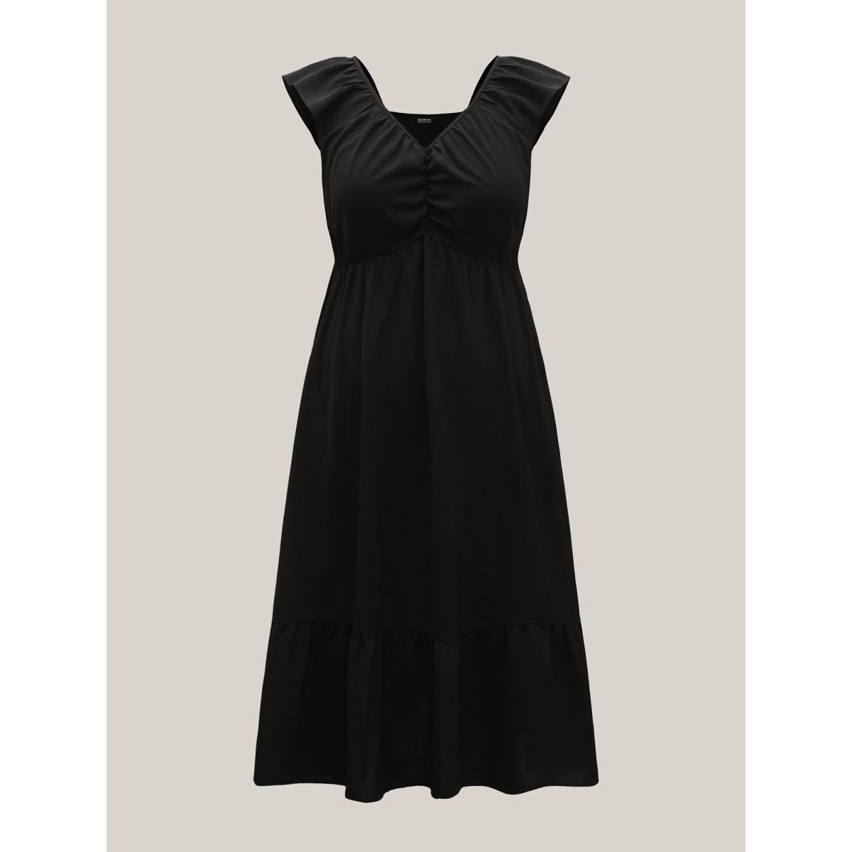 Plus Size Ruched Pleated Plain Flutter Sleeve Maxi Dress Black Women V-neck Sleeveless Curvy BloomChic 12/L Product Image