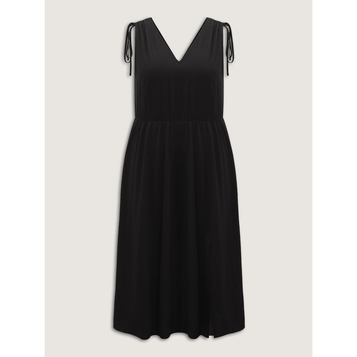 Plus Size Shoulder Drawstring Slit Solid Midi Dress Black Women V-neck Sleeveless Curvy BloomChic 26/4X Product Image