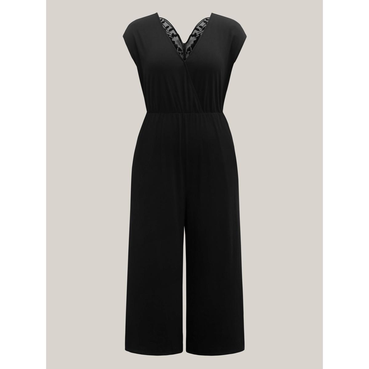 Plus Size Black Supersoft Butterfly Backless Stretchy Wide-Leg Jumpsuit Women Leisure Cap Sleeve V-neck Casual Loose Jumpsuits BloomChic 10/M Product Image