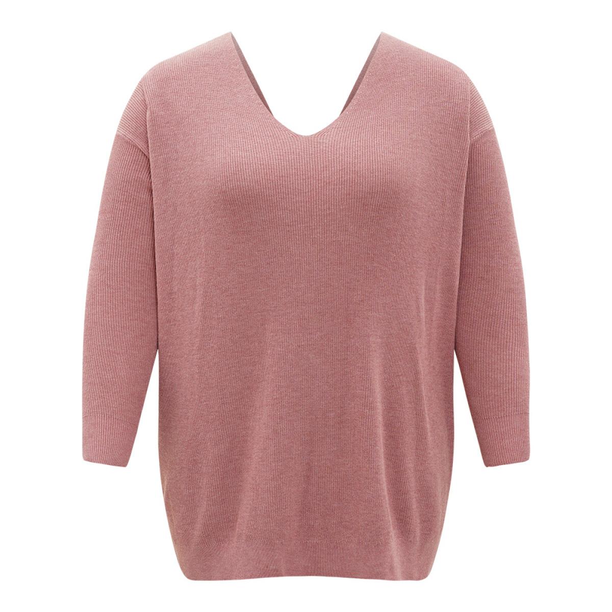 Plus Size Plain Twist Back Backless Pullover DustyPink Women Casual Loose Long Sleeve V-neck Dailywear Pullovers BloomChic 26/4X Product Image