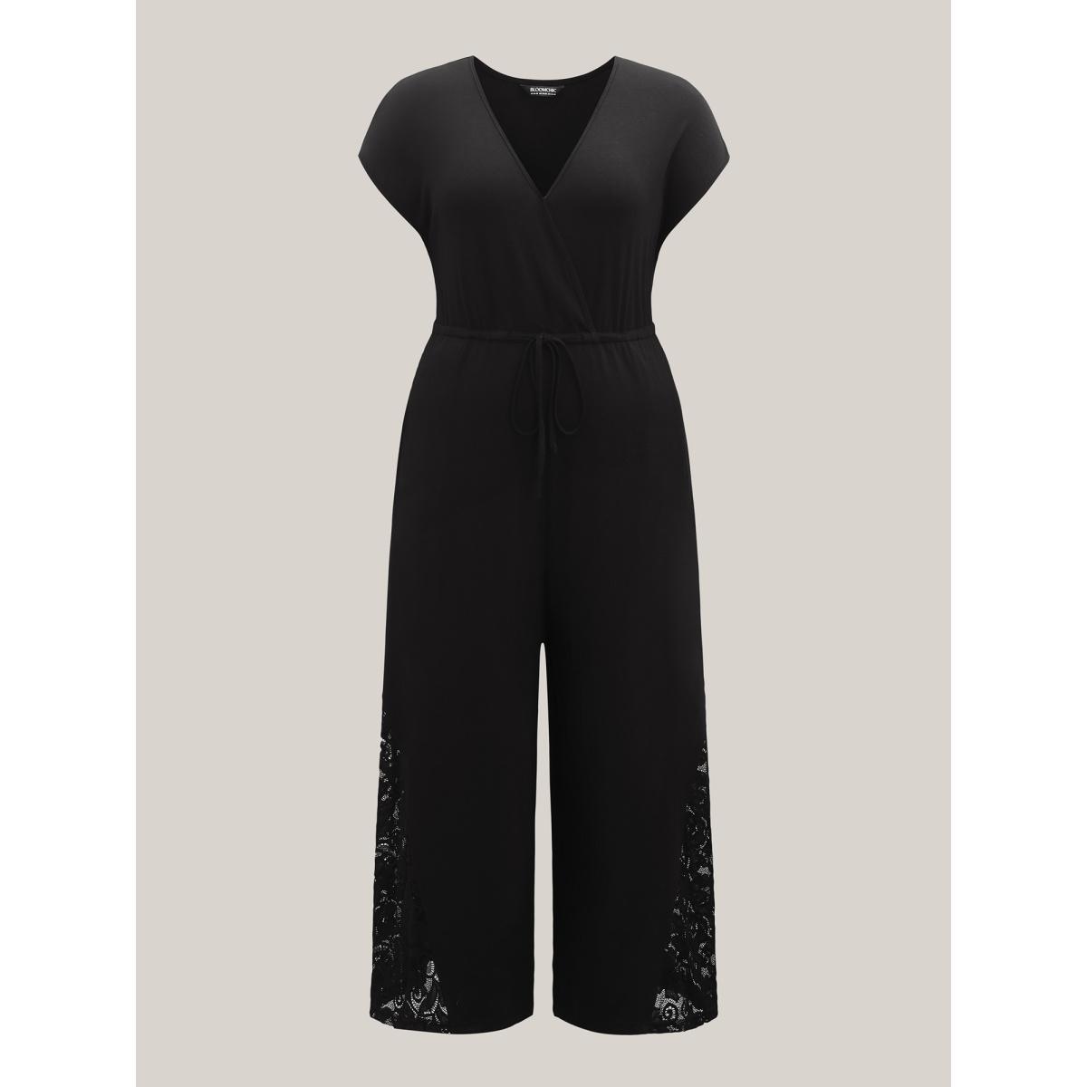 Plus Size Black Very Stretchy Lace Waist-Tie Jumpsuit Women Boho Cap Sleeve V-neck Vacation Loose Jumpsuits BloomChic 12/L Product Image