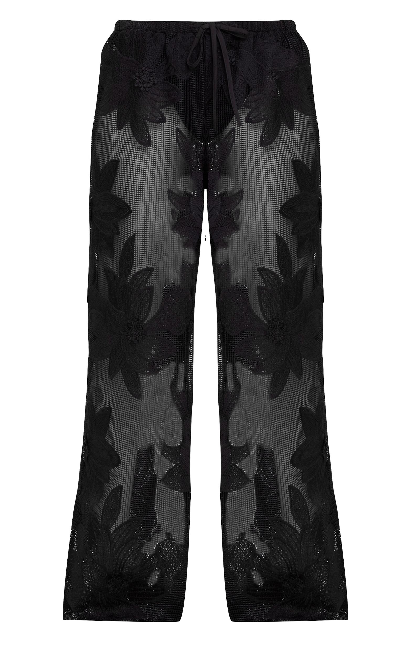 Black Textured Flower Detail Wide Leg Pants Product Image