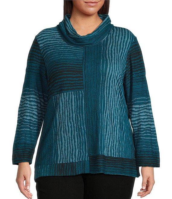 Ali Miles Plus Size Textured Jacquard Knit Stripe Cowl Neck 3/4 Sleeve Tunic Product Image