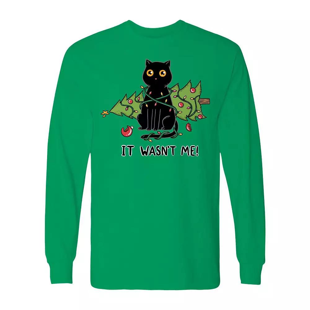 Men's Cat and Christmas Tree Long Sleeve Graphic Tee, Size: Large, Irish Green Product Image
