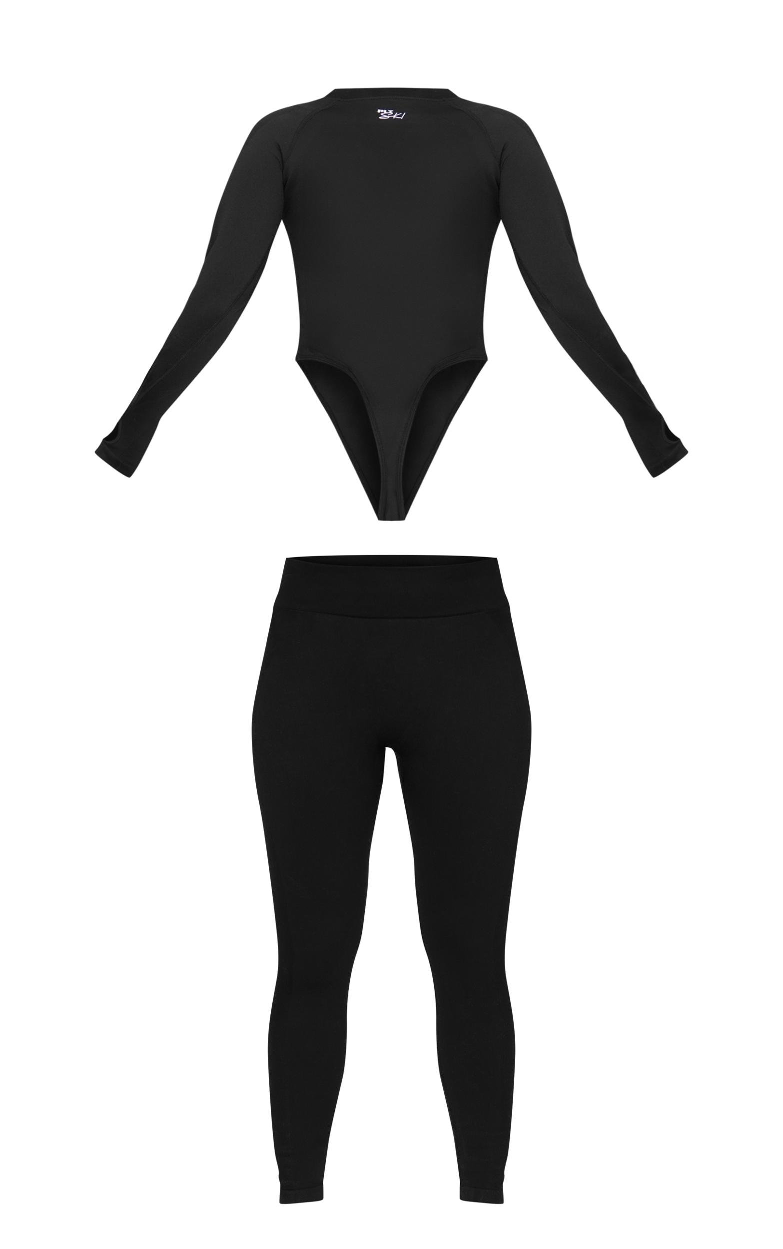 PRETTYLITTLETHING SKI Black Seamless Contrast Rib Bodysuit And Legging Set Product Image