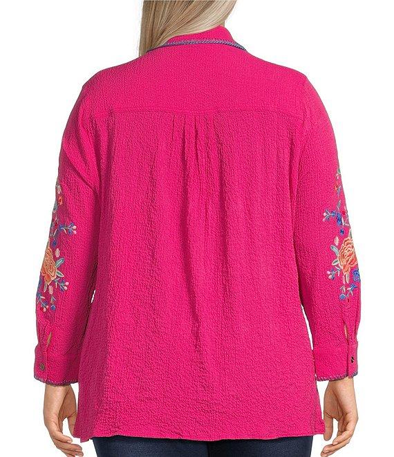 Calessa Plus Size Floral Embroidered Point Collar Long Sleeve Button Front Tunic Product Image