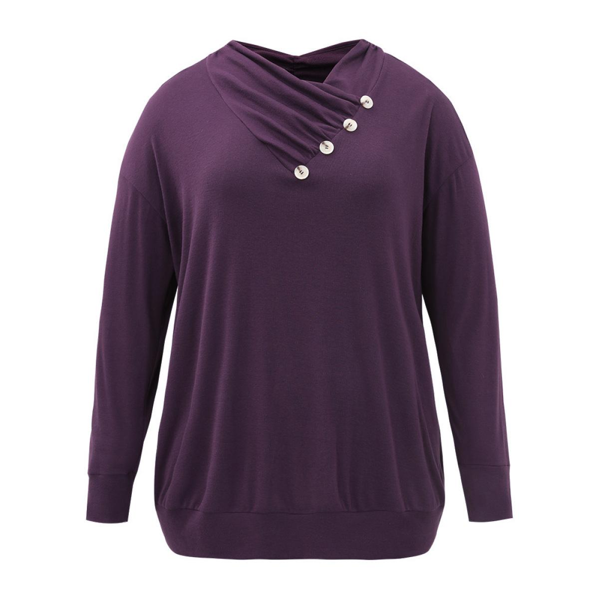 Plus Size Plain Cowl Neck Button Detail Sweatshirt Women Eggplant Casual Plain Overlap Collar Dailywear Sweatshirts BloomChic 12/L Product Image