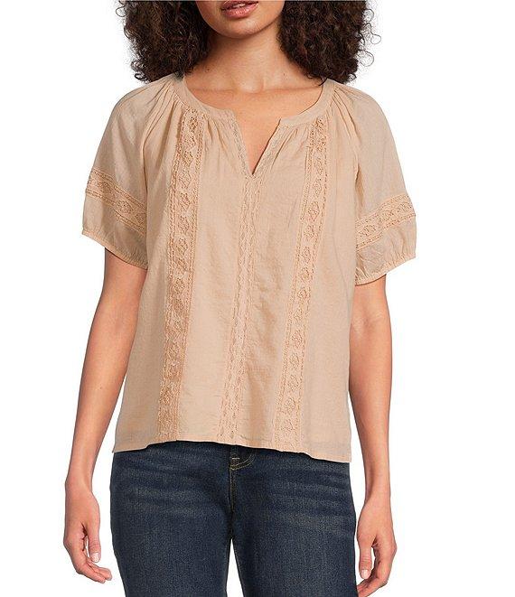 Lucky Brand V-Neck Short Sleeve Lace Peasant Blouse Product Image