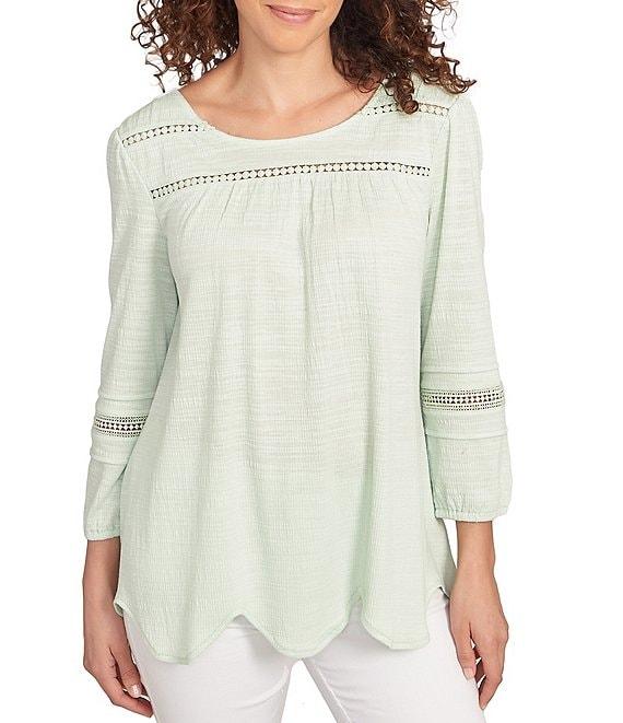 Ruby Rd. Knit Scoop Neck 3/4 Bishop Sleeve Lace Trim Scallop Hem Top Product Image