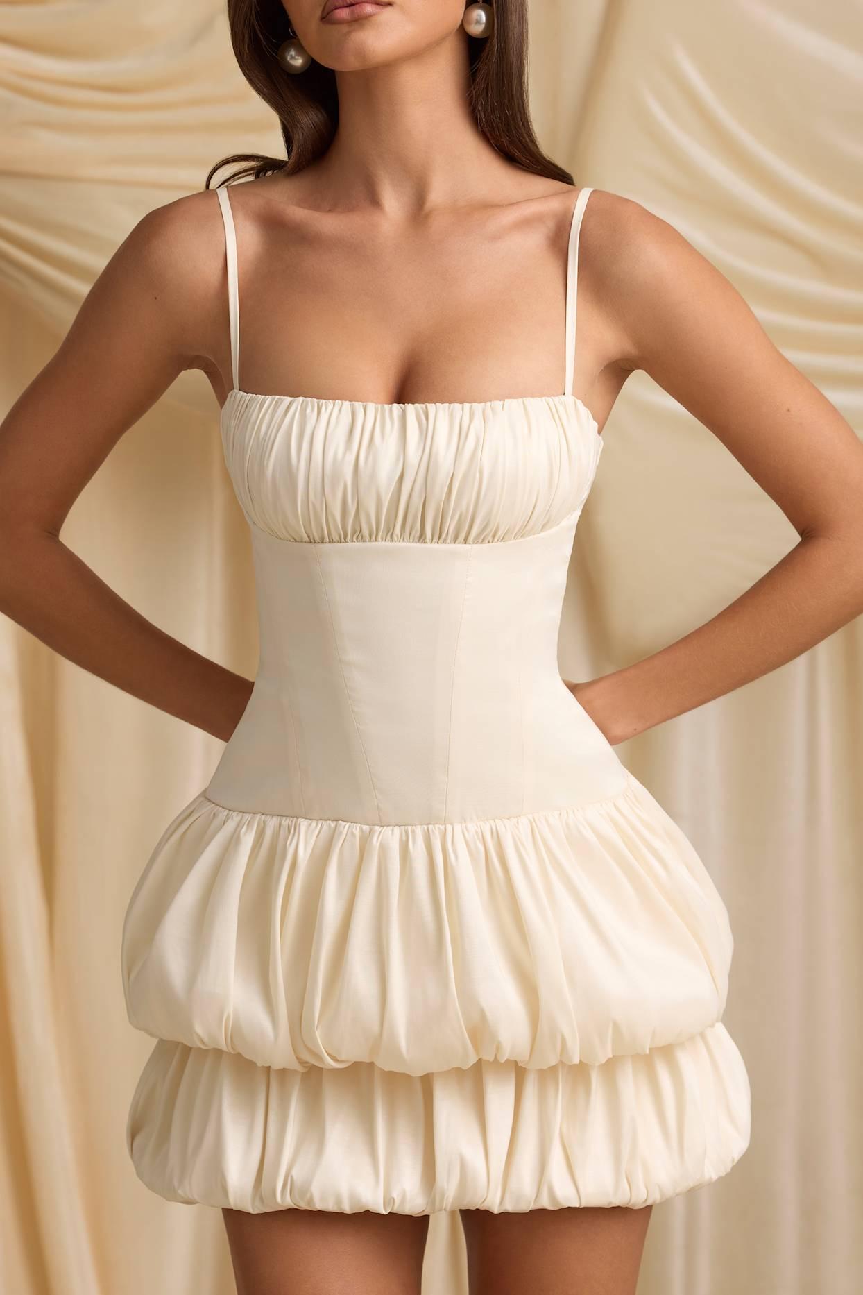 Layered Bubble Hem Corset Mini Dress in Ivory Product Image