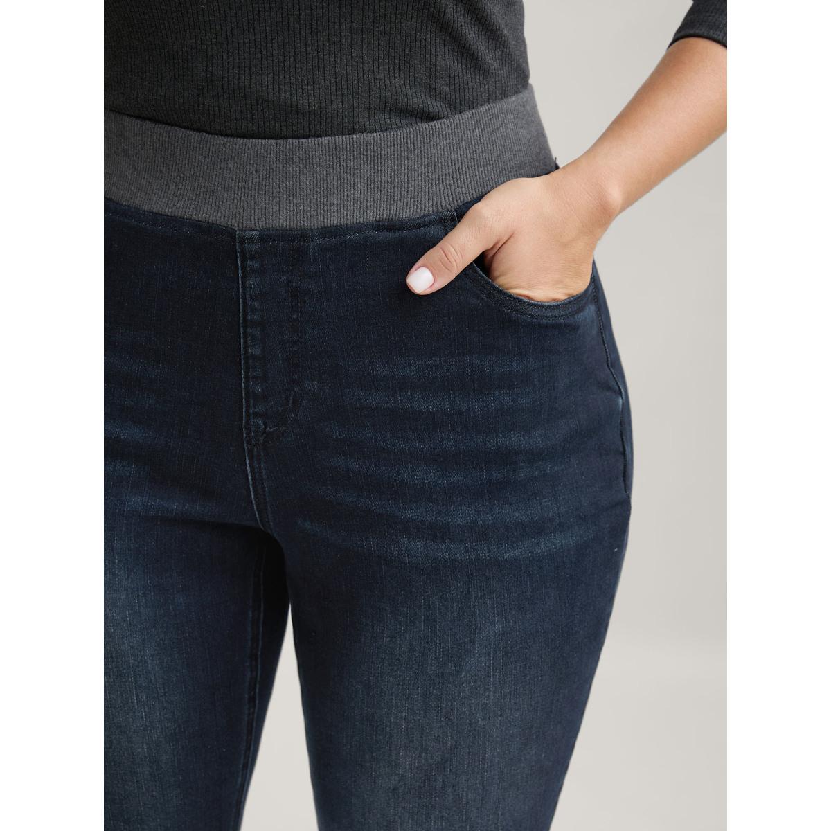 Plus Size Stretchy Whiskered Waist Skinny Knit Jeans Women Darkindigo Leisure Medium stretch Slanted pocket Jeans BloomChic 24/3X Product Image