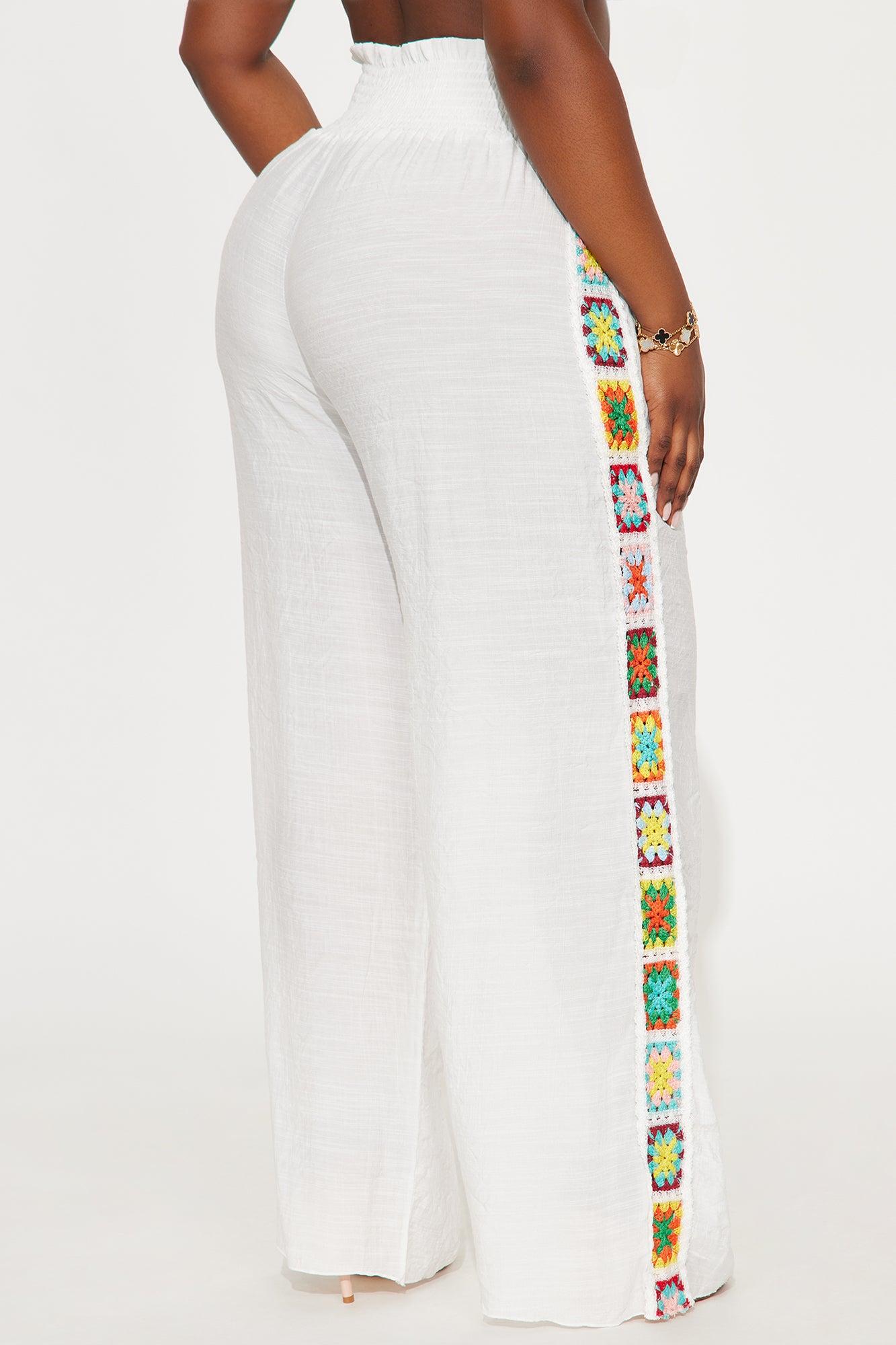 European Summers Linen Smocked Waistband Crochet Granny Square Cover Up Pants - White Product Image