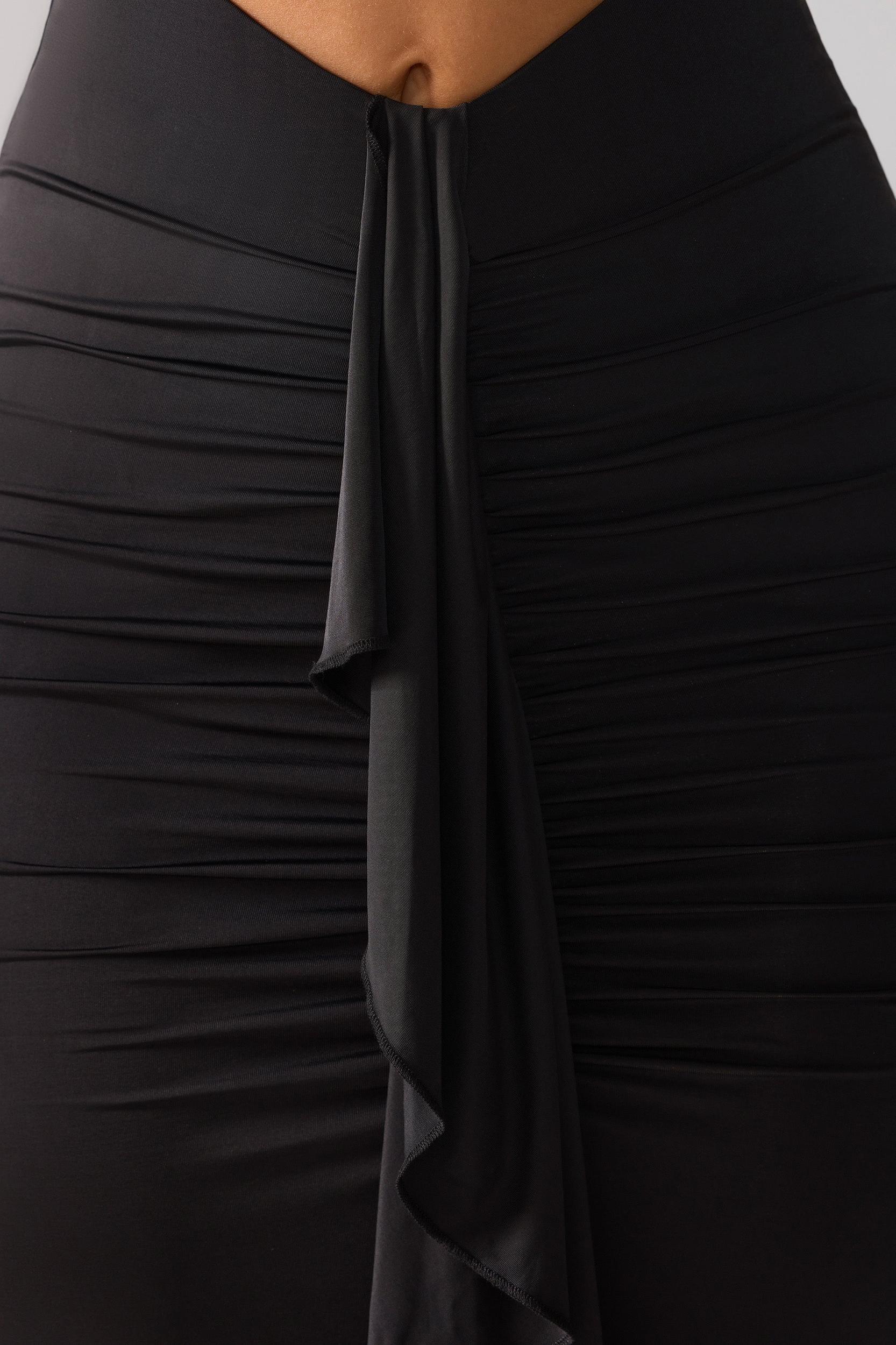 Slinky Jersey Cut Out Ruffle Racerback Maxi Dress in Black Product Image