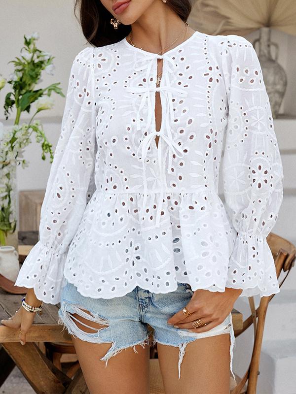Long Sleeves Loose Elasticity Hollow Pleated Solid Color Tied Round-Neck Blouses&Shirts Tops Product Image