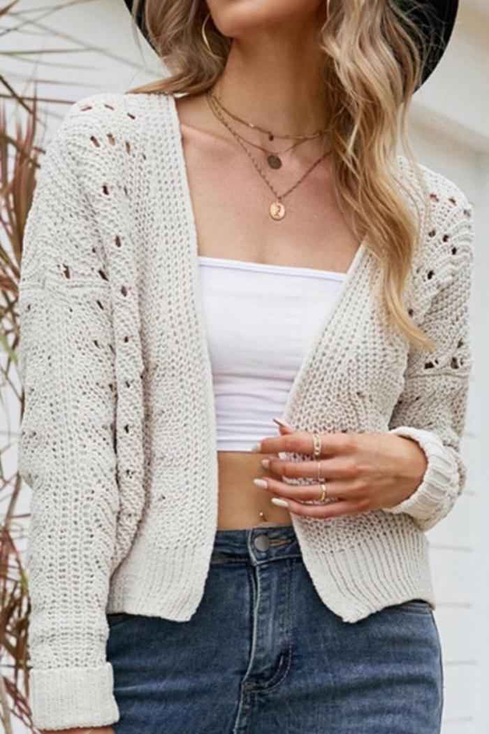 Women Eyelet Knitted Open Front Short Cardigan Product Image