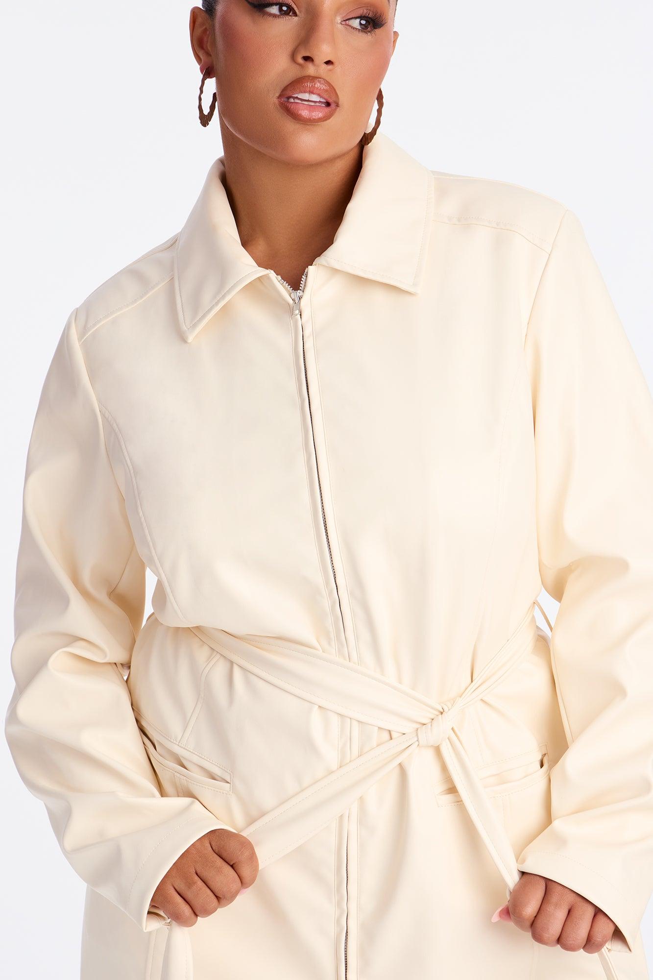 Kennedy Belted Faux Leather Zip Up Coat - Bone Female Product Image