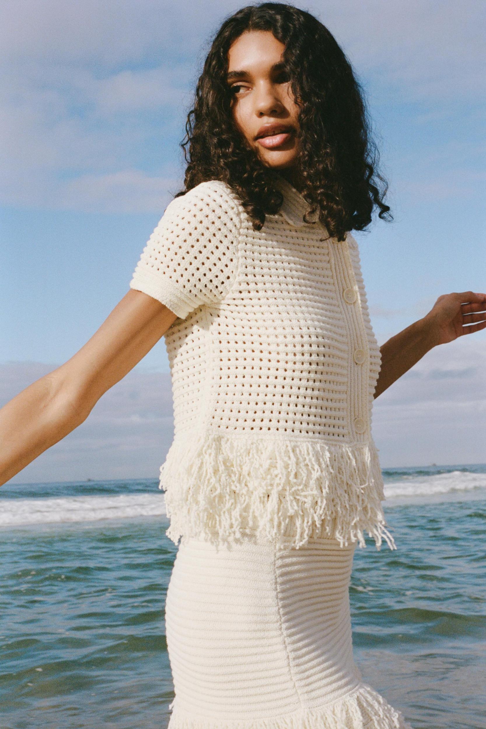 CHECKERED KNIT JACKET WITH FRINGE Product Image