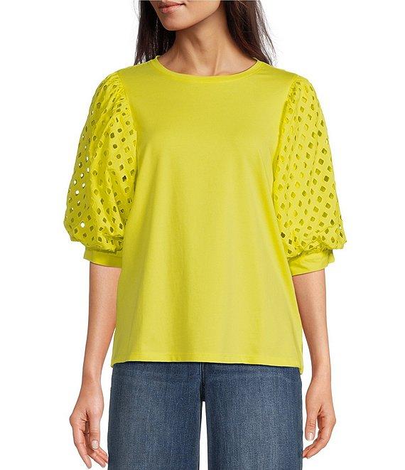 Gibson & Latimer Knit Contrast Eyelet Crew Neck Short 3/4 Balloon Sleeve Top Product Image