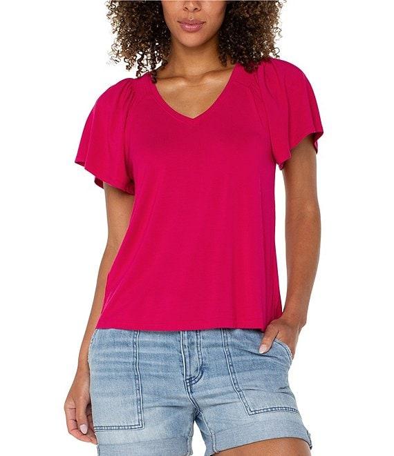 Liverpool Los Angeles Jersey Knit V-Neck Short Flutter Sleeve Shirred Top Product Image