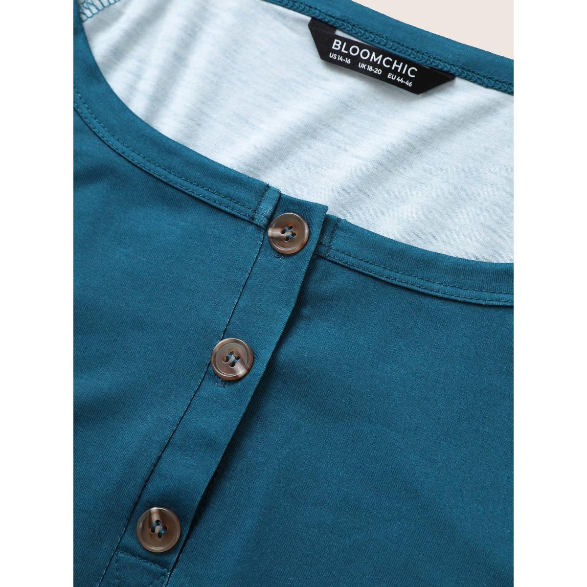 Plus Size Striped Print Raglan Sleeve Button Up T-shirt Aegean Women Casual Contrast Striped Round Neck Everyday T-shirts BloomChic 28/5X Product Image