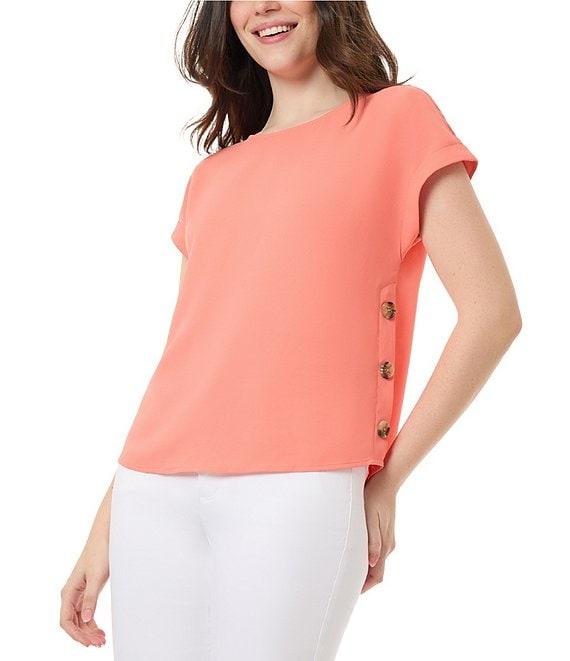Jones New York Solid Jasper Crepe Boat Neck Short Roll-Tab Sleeves Top Product Image