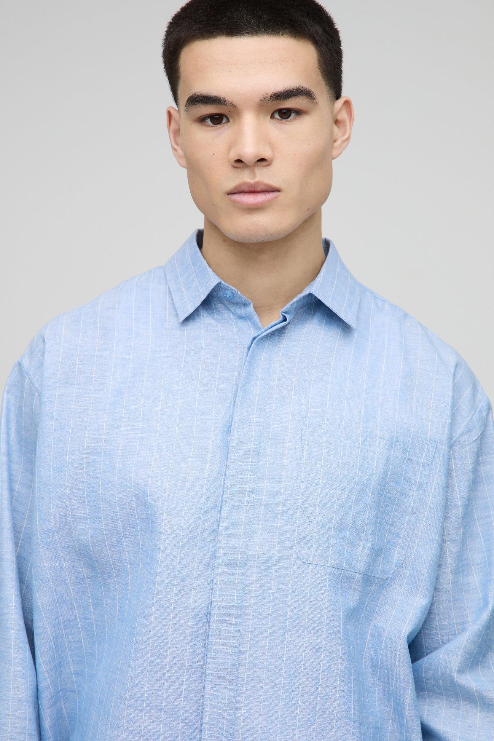 Super Oversized BoohooMan Linen Look Stripe Shirt | boohooMAN USA Product Image