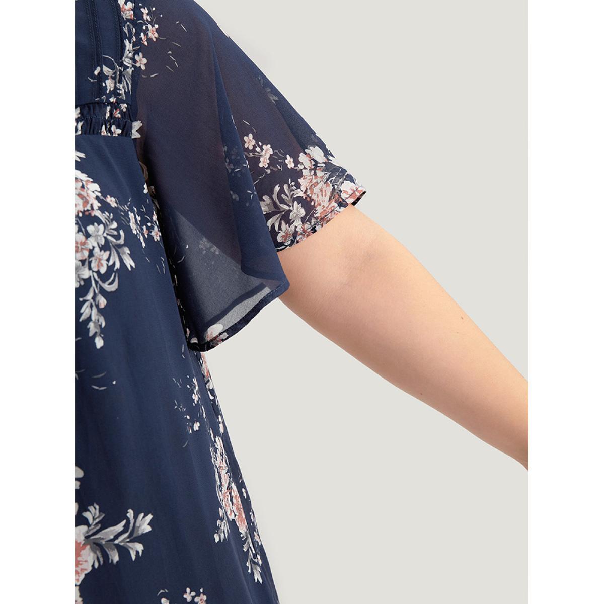 Plus Size Indigo Floral Print Frill Trim Shirred Flutter Sleeve Blouse Women Elegant Short sleeve Round Neck Dailywear Blouses BloomChic 26/4X Product Image