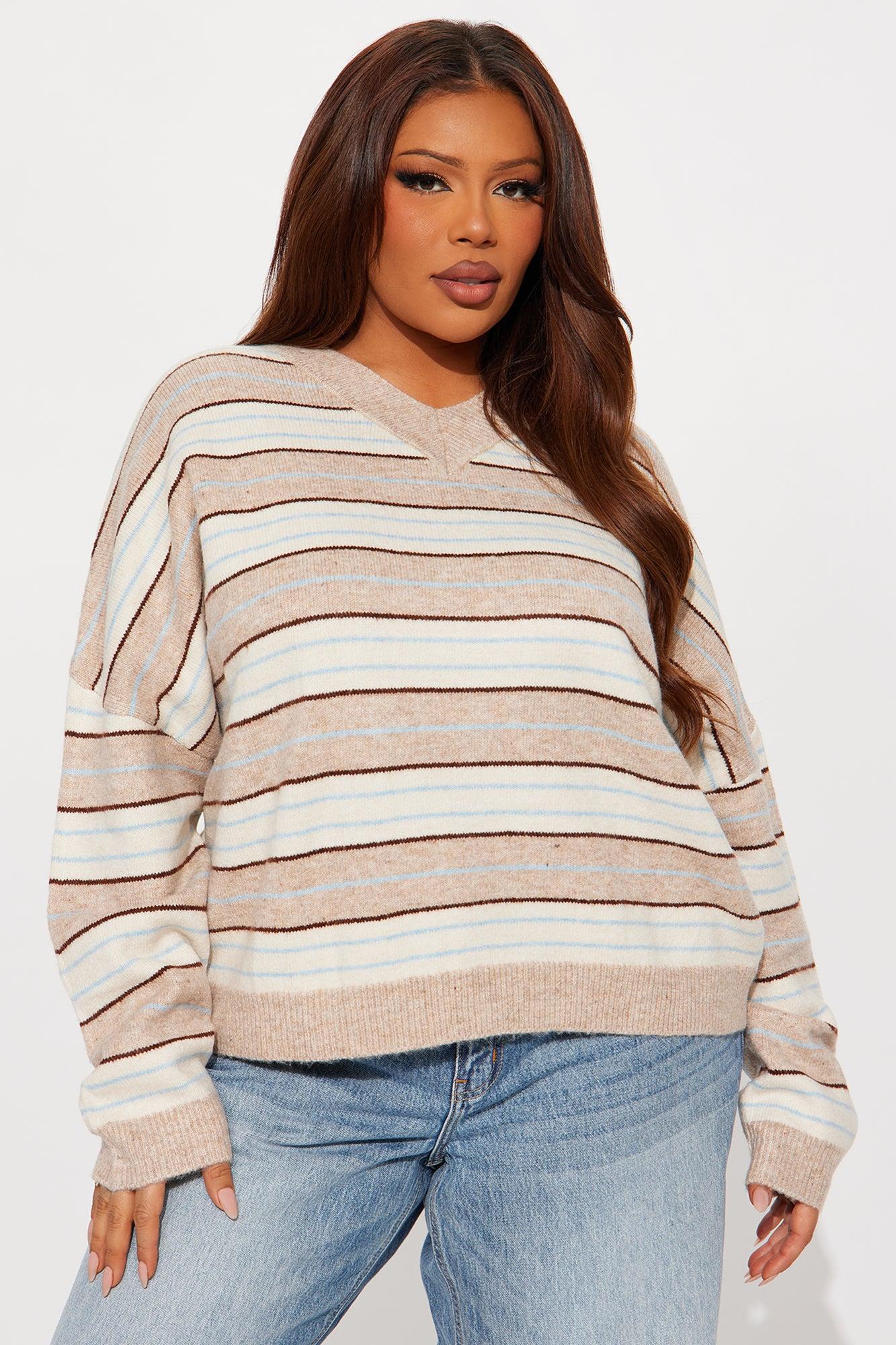 Feeling Striped V Neck Pullover Sweater - Taupe/combo Female Product Image
