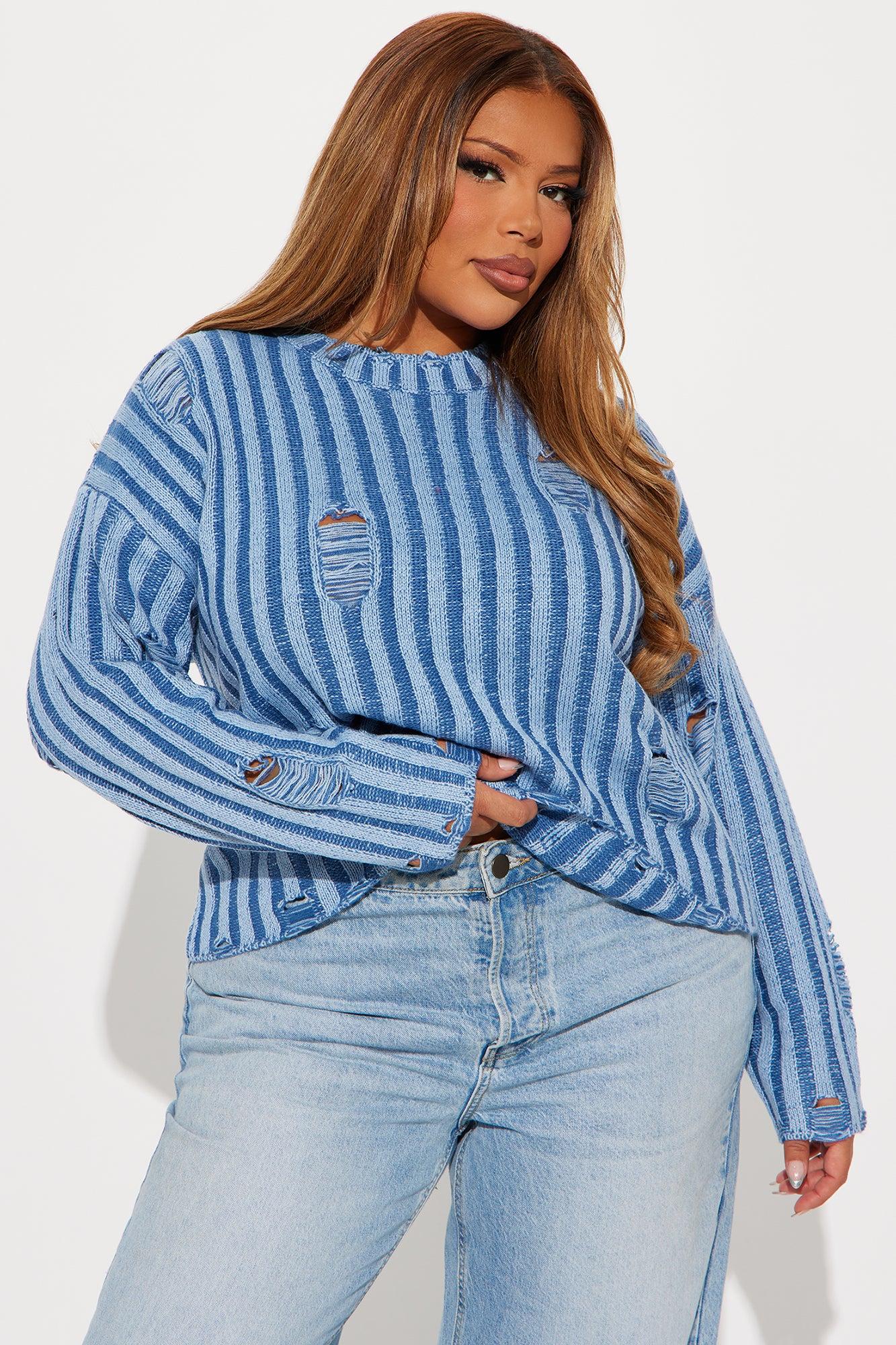 In A Mood Distressed Sweater - Blue Female Product Image