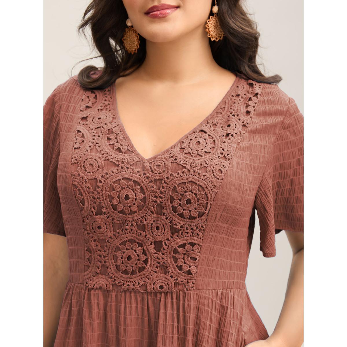Plus Size Lace Textured Pockets Tiered Midi Dress Rust Women Boho V-neck Short sleeve Curvy BloomChic 18-20/2X Product Image