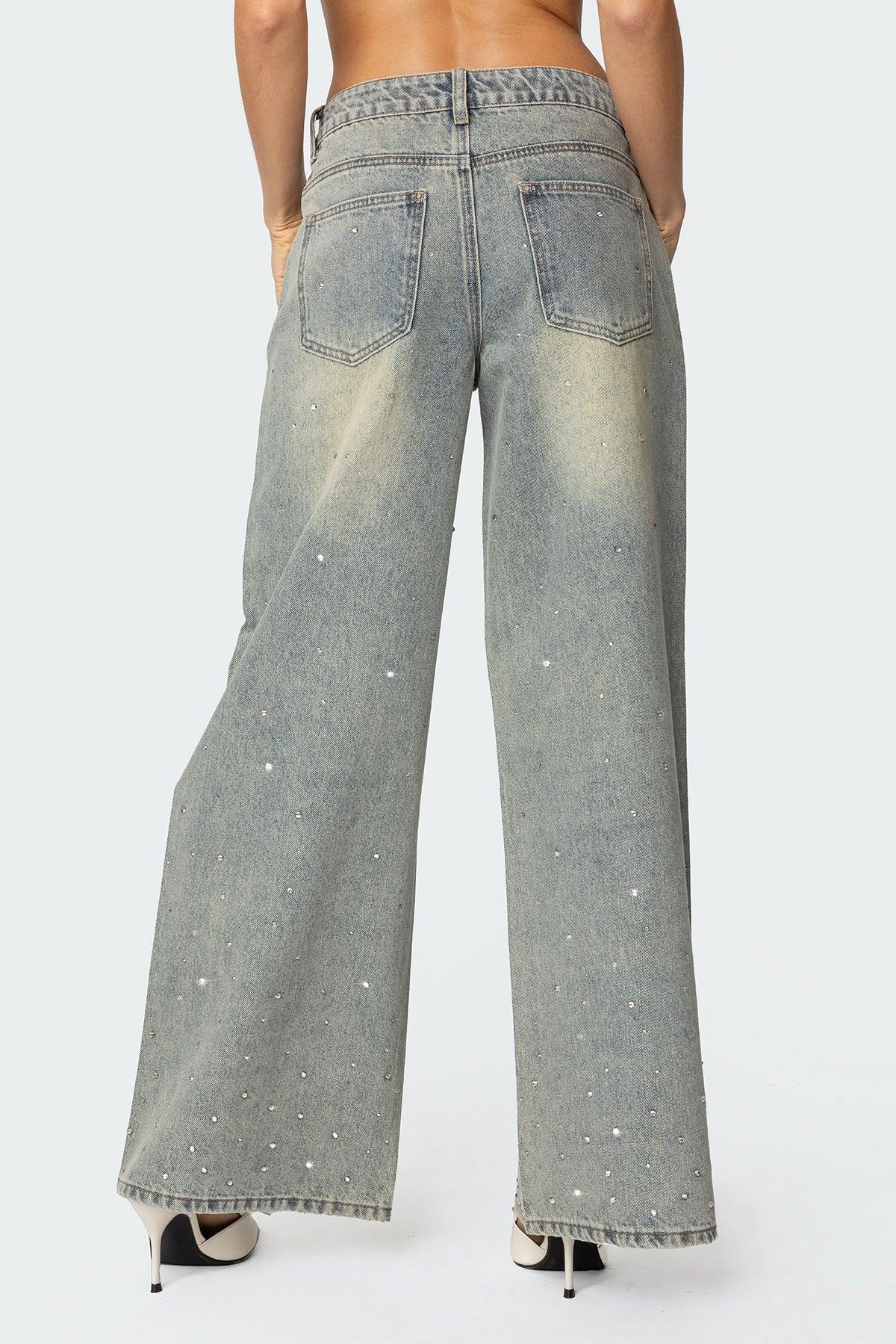 Rhinestone Washed Low Rise Baggy Jeans Product Image