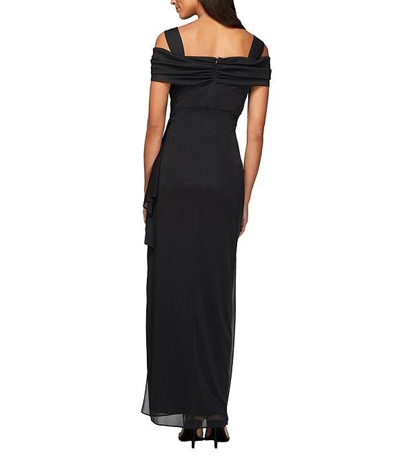 Alex Evenings Exposed Shoulder Draped Neck Cap Sleeve Ruched Waterfall Hem Mesh Gown Product Image