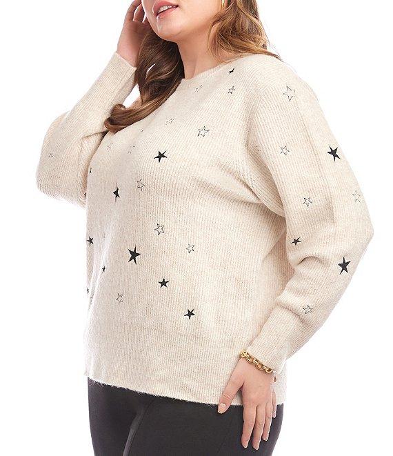 Karen Kane Plus Size Wool Blend Embroidered Star Crew Neck Long Sleeve Pullover Product Image