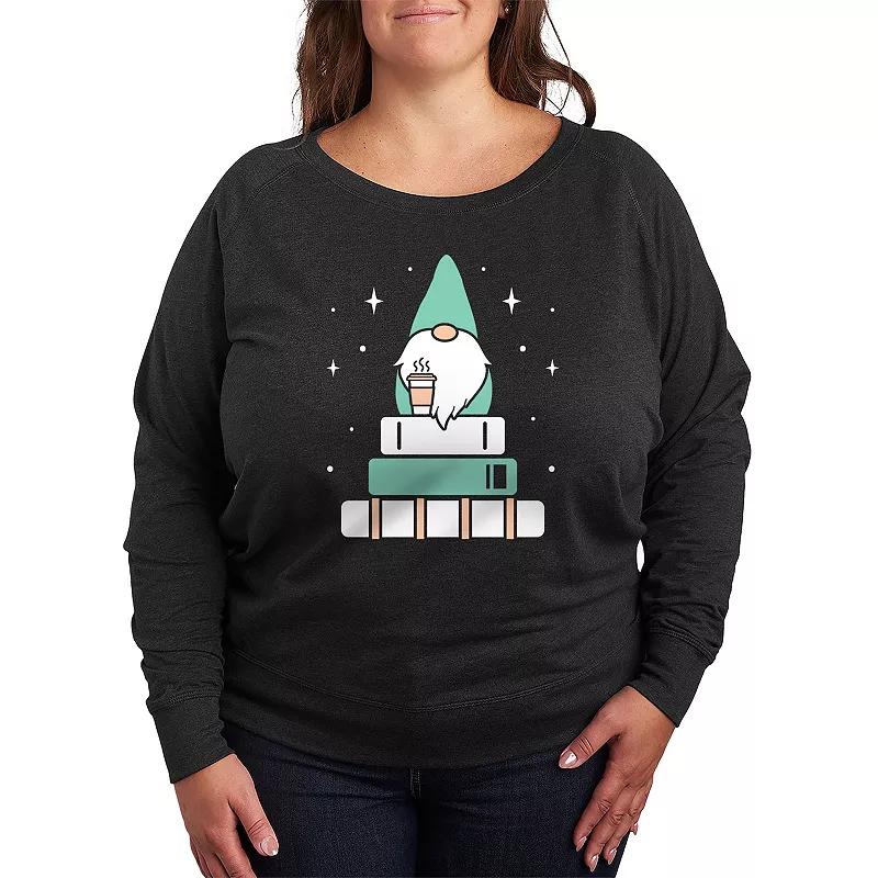 Plus Size Gnome with Coffee and Books French Terry Long Sleeve Tee, Womens Heather Grey Product Image