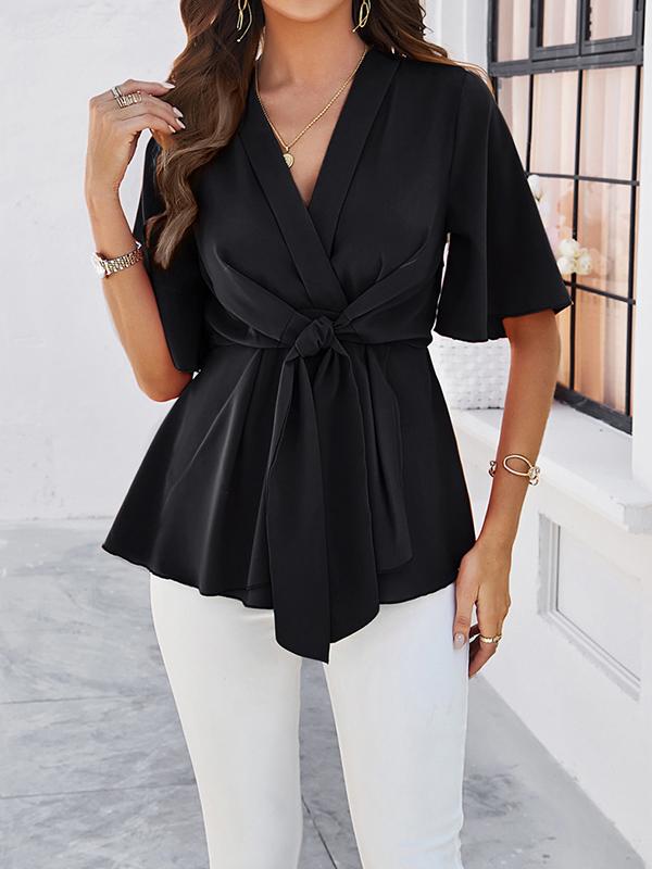 Flared Sleeves Half Sleeves Solid Color Tied V-Neck Blouses&Shirts Tops Product Image
