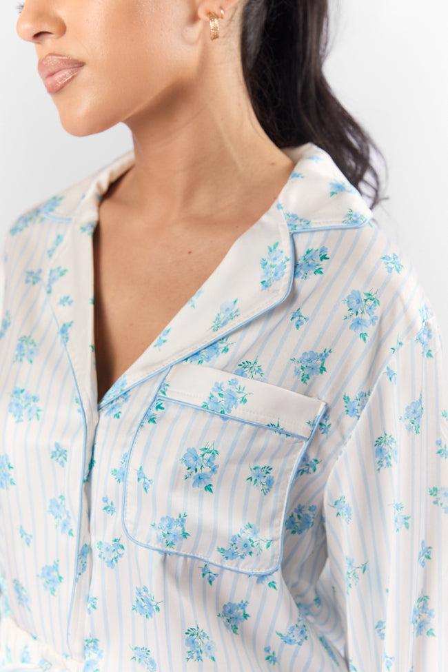 Sleep On My Side Blue Floral Satin Long Sleeve Pajama Top FINAL SALE Product Image