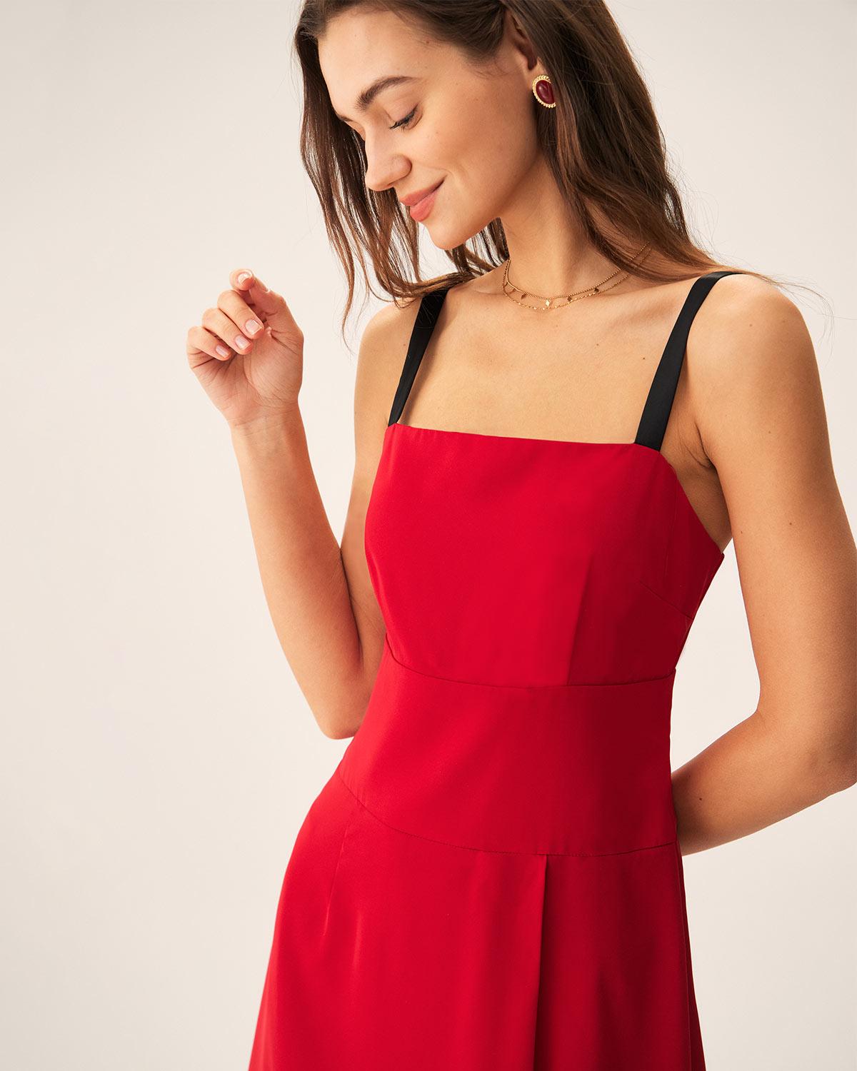 Red Contrast Slit Slip Midi Dress Product Image