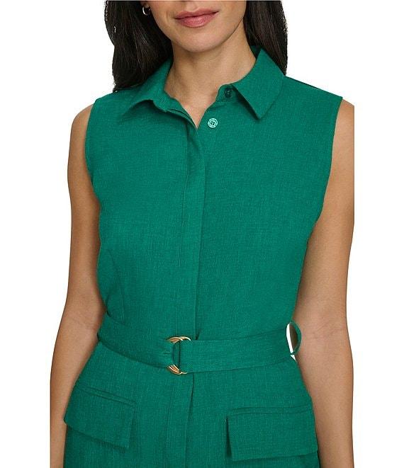 Calvin Klein Collared Neck Sleeveless Belted Crosshatch Crepe Sheath Midi Dress Product Image