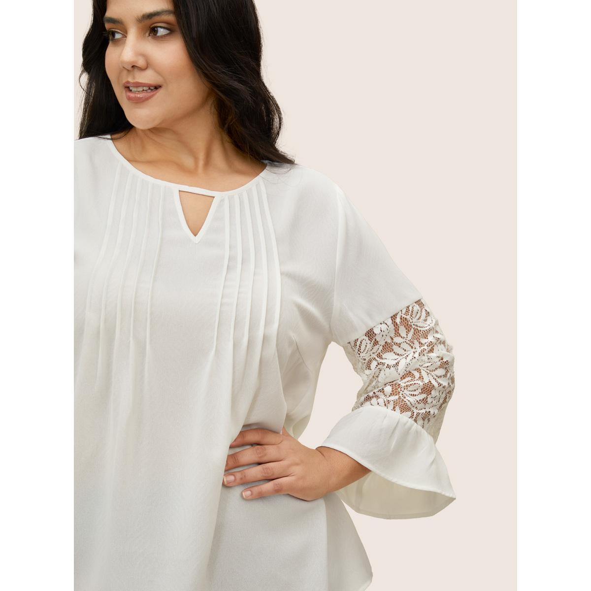 Plus Size White Crochet Lace Mesh Keyhole Pleated Blouse Women Elegant Elbow-length sleeve Notched collar Everyday Blouses BloomChic 14-16/1X Product Image