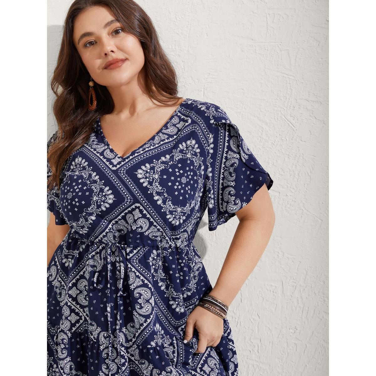 Plus Size Paisley Print Waist Drawstring Midi Dress Navy Women Boho Petal edge V-neck Short sleeve Curvy BloomChic 18-20/2X Product Image