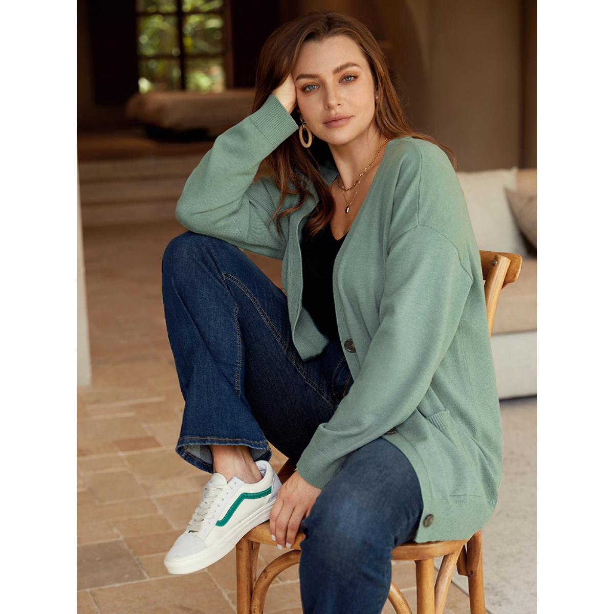 Plus Size Supersoft Essentials Patched Pocket Drop Shoulder Cardigan Green Women Casual Loose Long Sleeve Dailywear Cardigans BloomChic 12/L Product Image