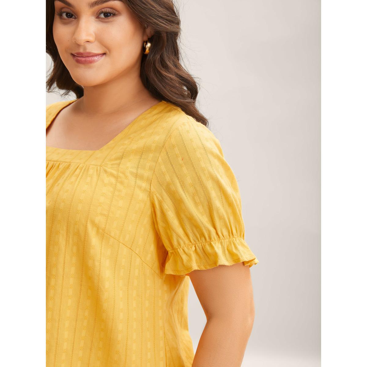 Plus Size Lemonyellow Cotton Square Neck Ruffled Sleeve Shirt Women Timeless Short sleeve Square Neck Elegant Blouses BloomChic 18-20/2X Product Image