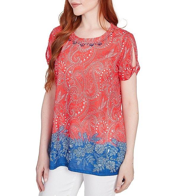 Ruby Rd. Soft Jersey Embellished Printed Scoop Neck Short Cut-Out Sleeve Top Product Image