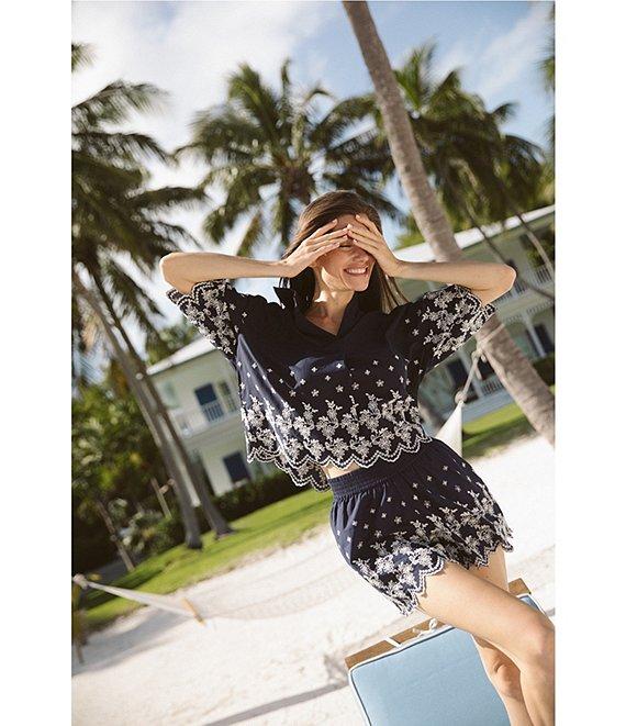 CeCe Elastic Waistband Pull On Floral Embroidered Scalloped High Rise Shorts Product Image