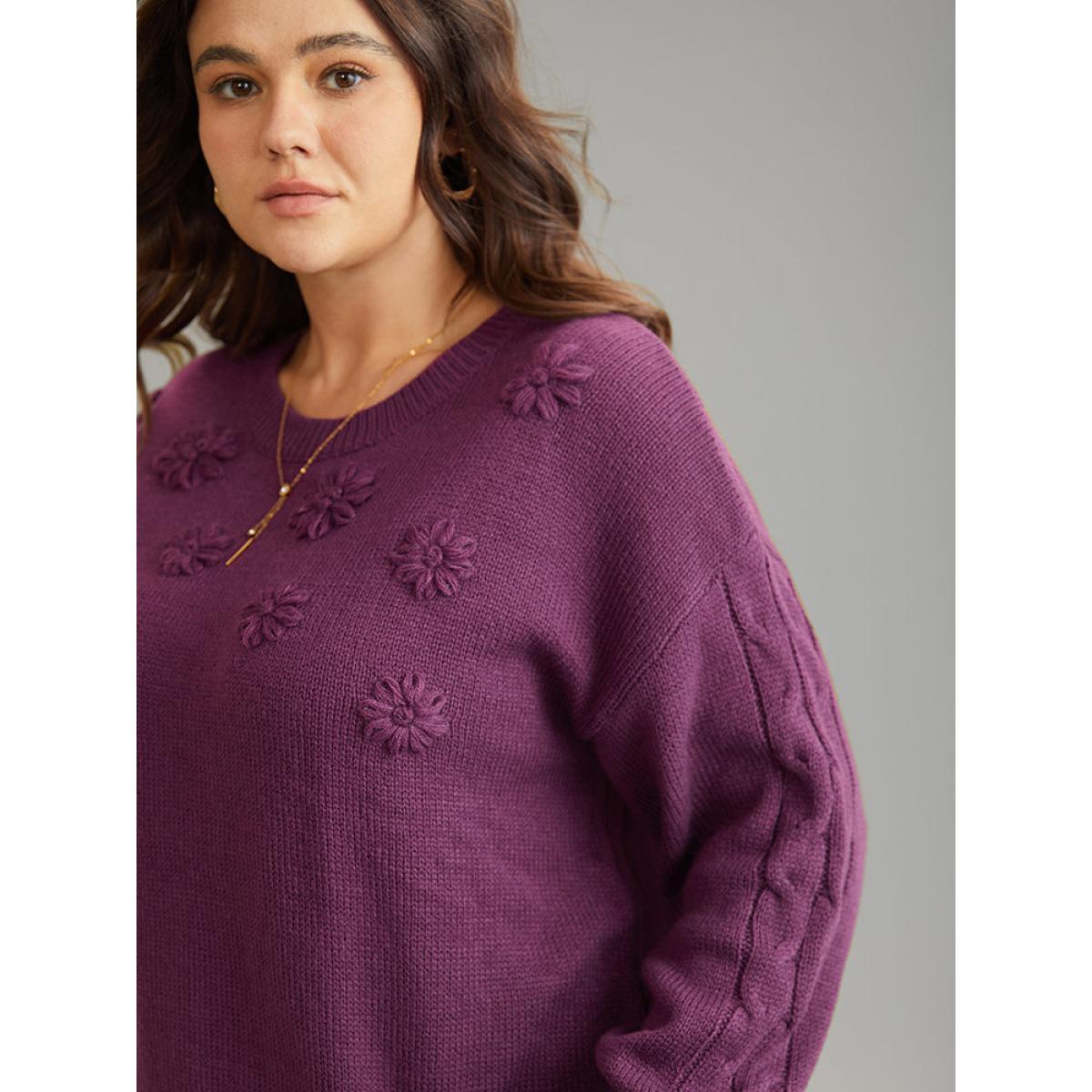 Plus Size Plisse Floral Solid Elastic Cuffs Pullover Purple Women Casual Loose Long Sleeve Round Neck Dailywear Pullovers BloomChic 14-16/1X Product Image