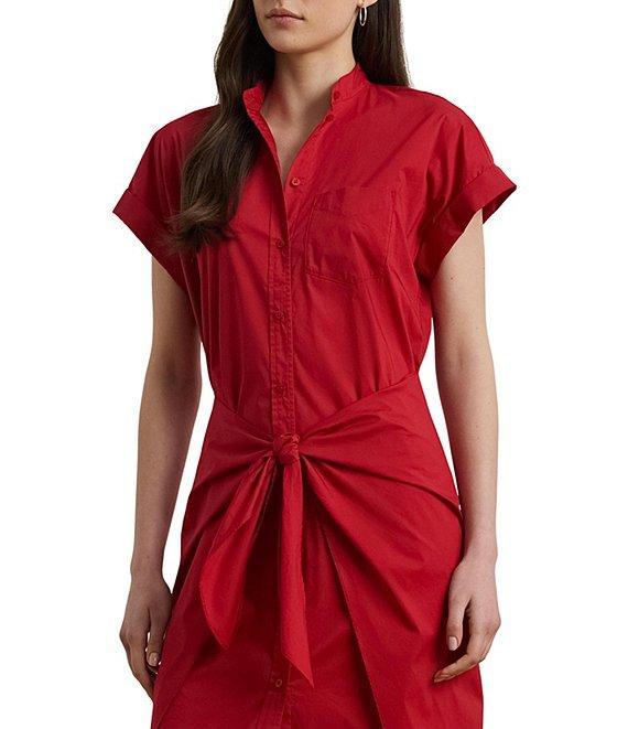 Lauren Ralph Lauren Cotton Blend Banded Collar Short Sleeve Shirt Midi Dress Product Image