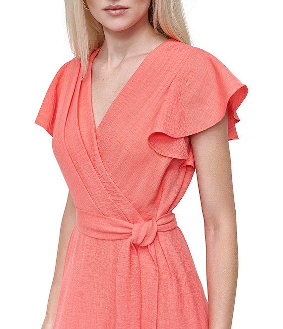 DKNY by Donna Karan Flutter Sleeve V Neck Woven Faux Wrap Midi Dress Product Image